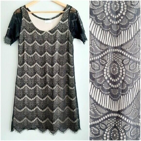 GOOD CLOTHING | Black Lace Nude Lining Scoop Neck Short Sleeve Dress Sz M - Picture 1 of 13